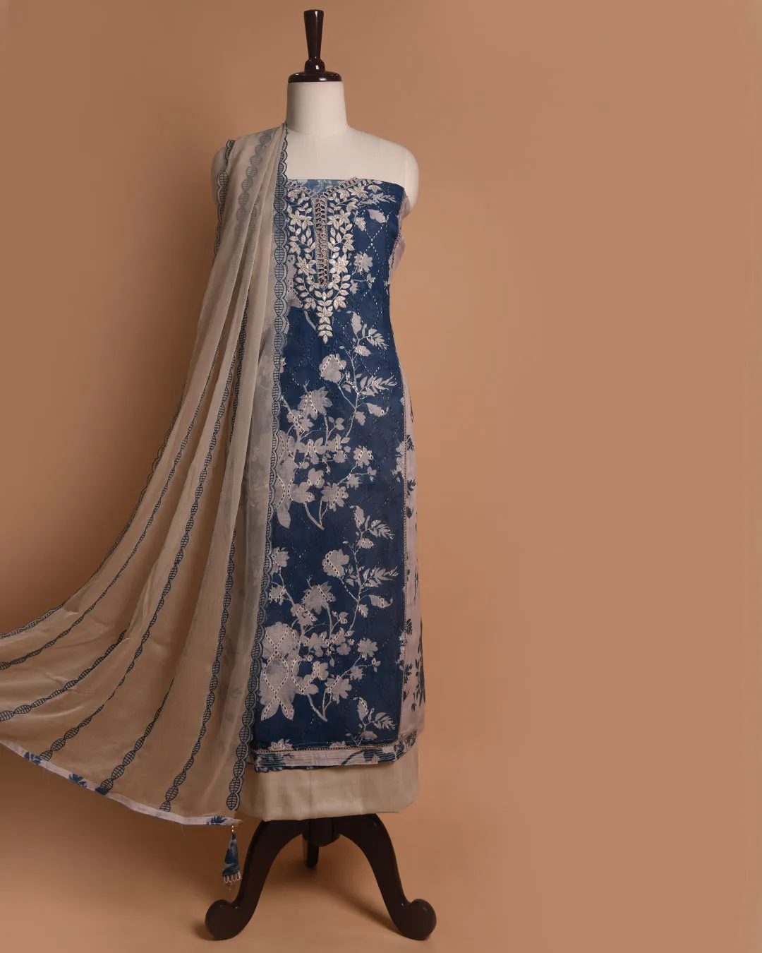 Grey With Blue Linen Blend Printed With Embroidery Unstitched Suit Fabric Set With Chiffon Dupatta