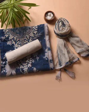 Grey With Blue Linen Blend Printed With Embroidery Unstitched Suit Fabric Set With Chiffon Dupatta