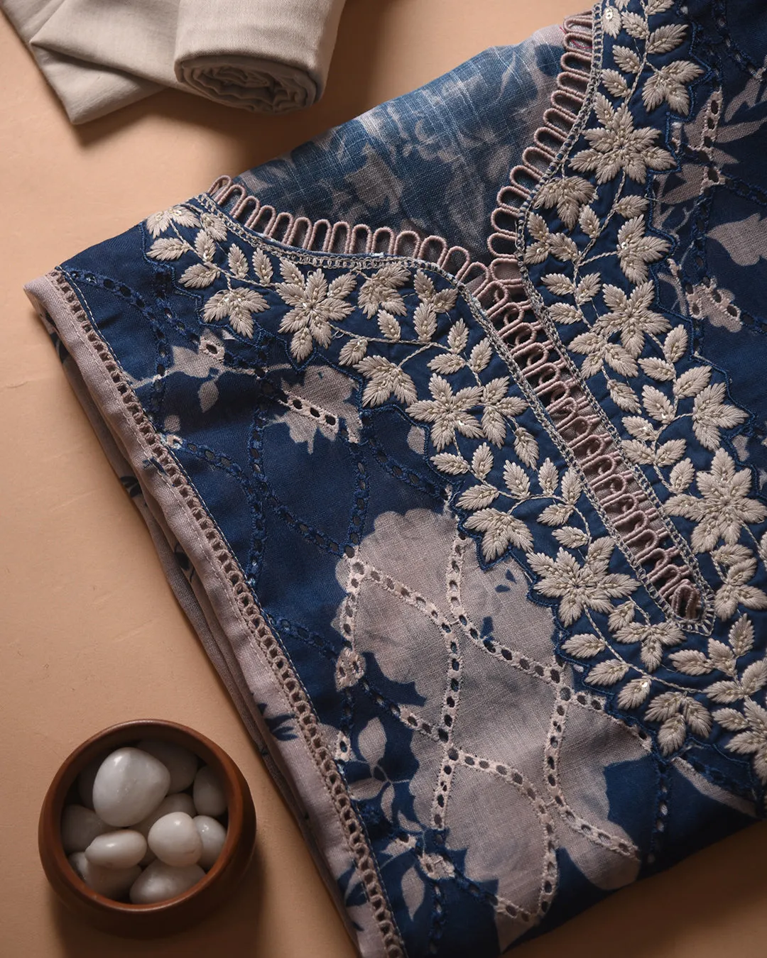 Grey With Blue Linen Blend Printed With Embroidery Unstitched Suit Fabric Set With Chiffon Dupatta