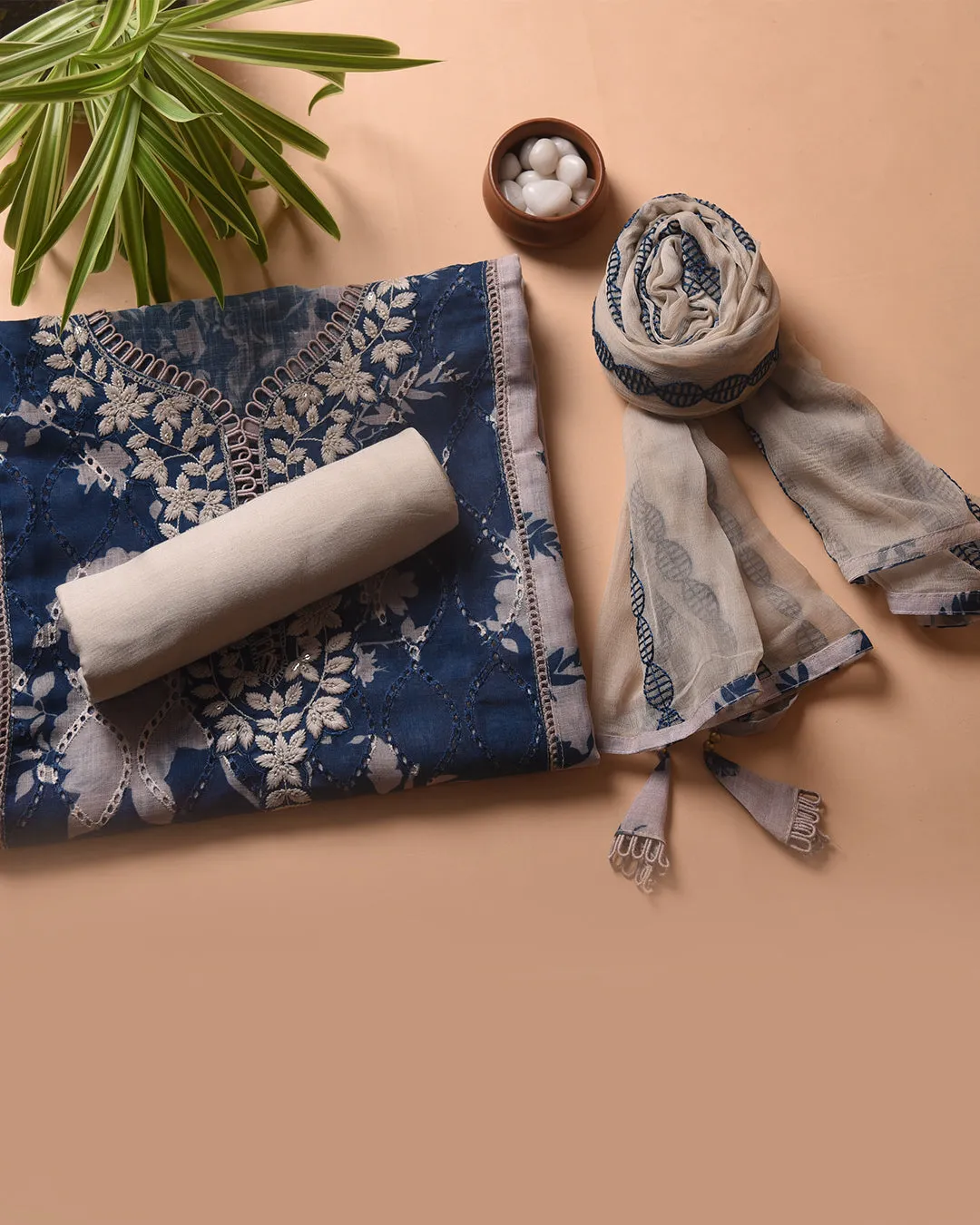 Grey With Blue Linen Blend Printed With Embroidery Unstitched Suit Fabric Set With Chiffon Dupatta