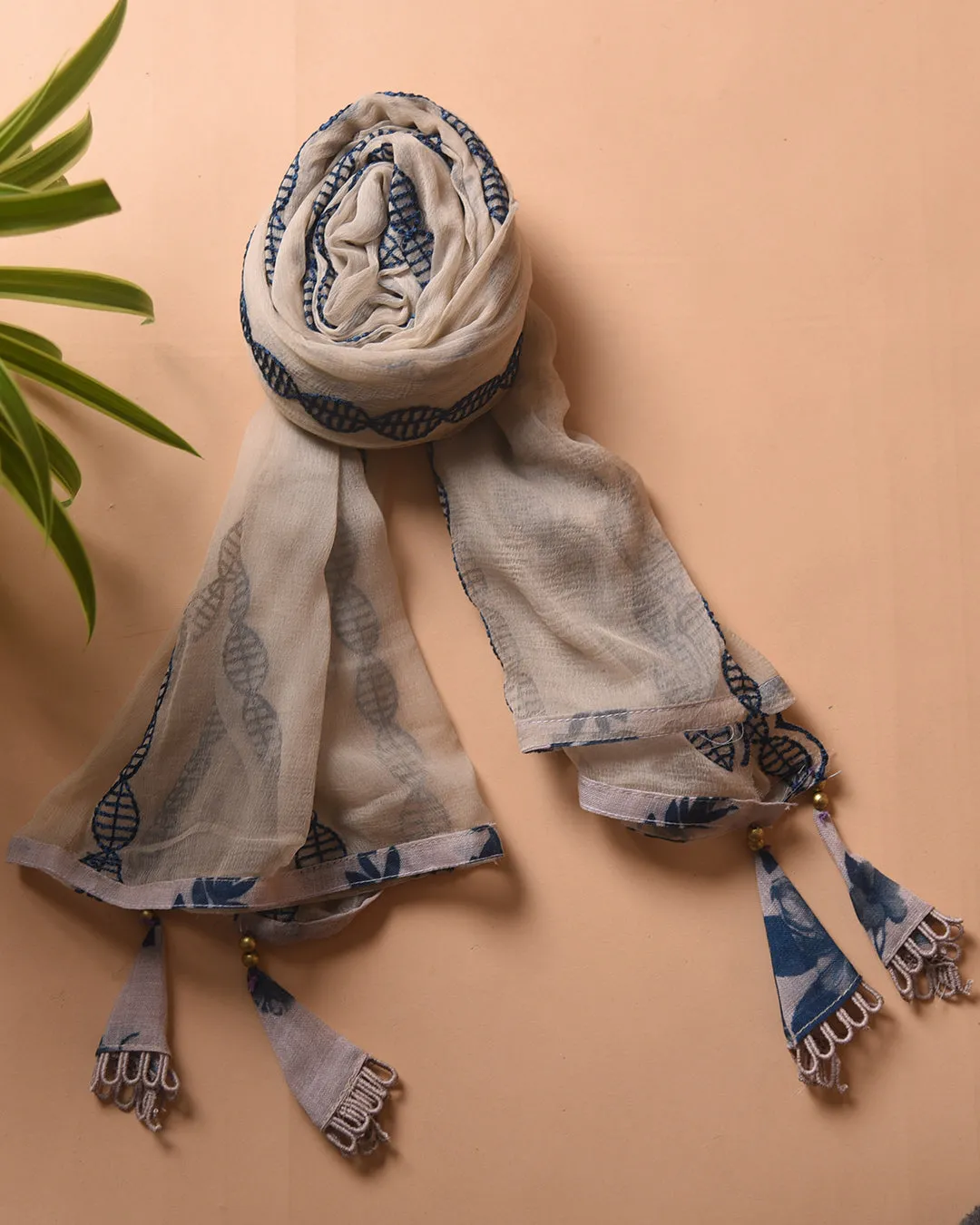 Grey With Blue Linen Blend Printed With Embroidery Unstitched Suit Fabric Set With Chiffon Dupatta