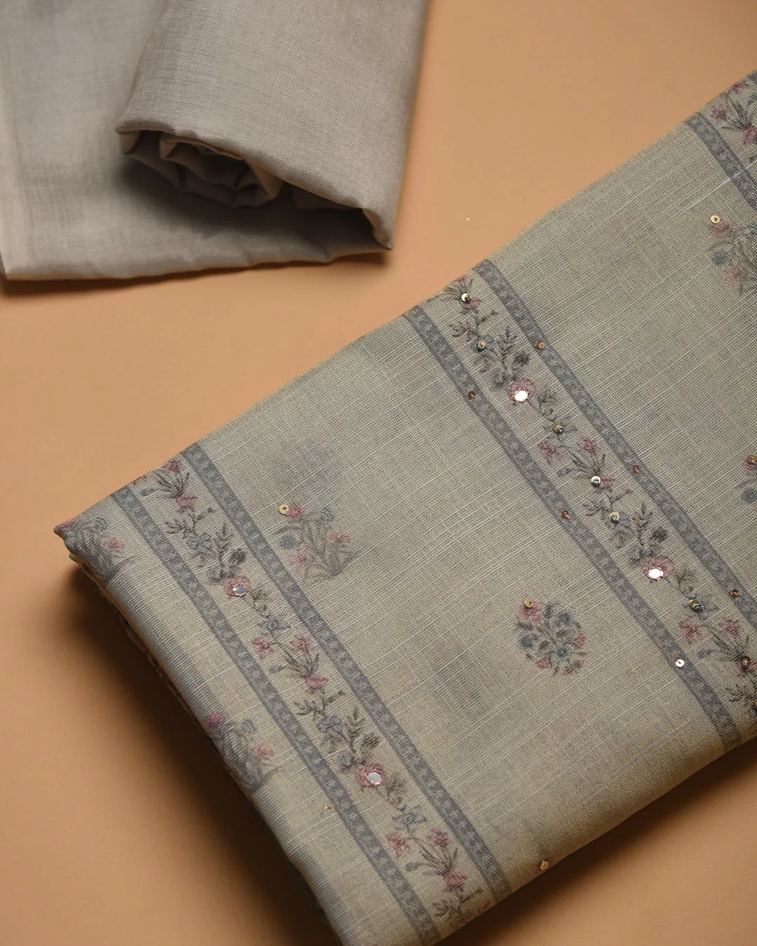 Greyish Blue Linen Tissue Blend Printed With Embroidery Unstitched Suit Fabric Set With Linen Tissue Blend Dupatta
