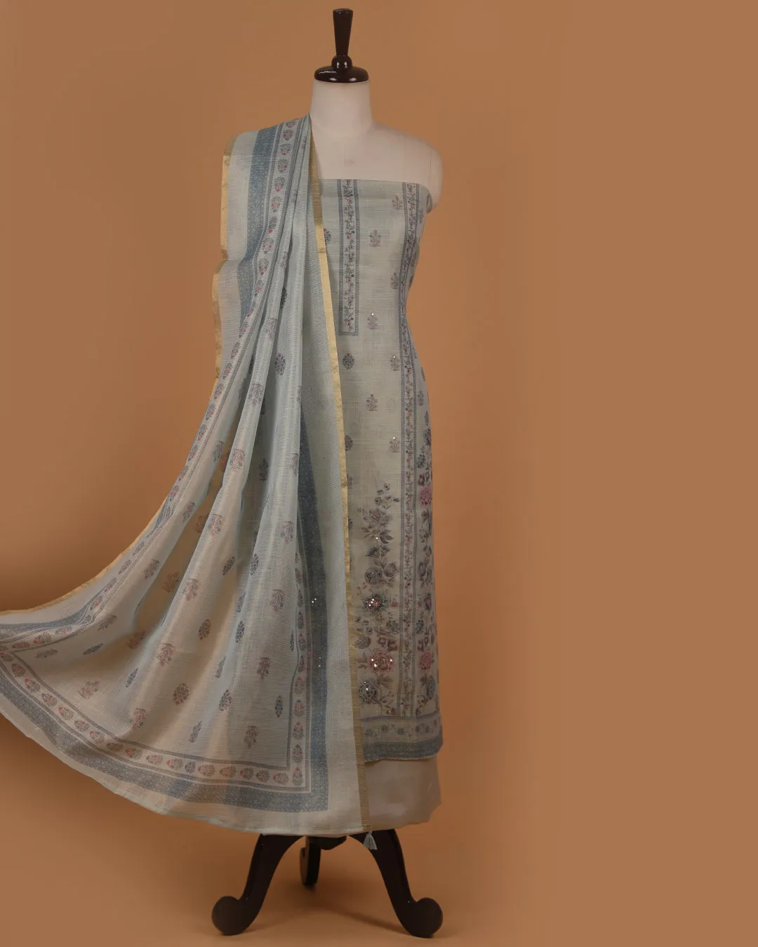 Greyish Blue Linen Tissue Blend Printed With Embroidery Unstitched Suit Fabric Set With Linen Tissue Blend Dupatta