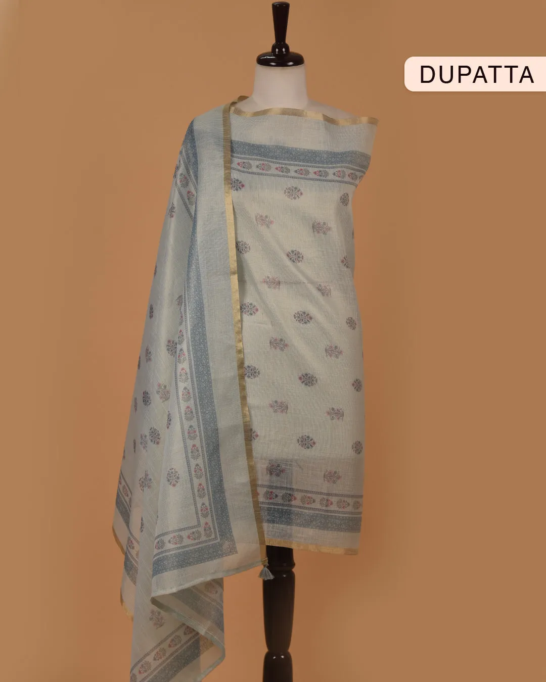 Greyish Blue Linen Tissue Blend Printed With Embroidery Unstitched Suit Fabric Set With Linen Tissue Blend Dupatta