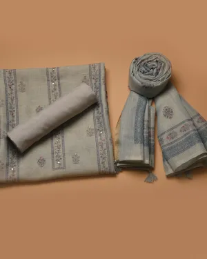 Greyish Blue Linen Tissue Blend Printed With Embroidery Unstitched Suit Fabric Set With Linen Tissue Blend Dupatta