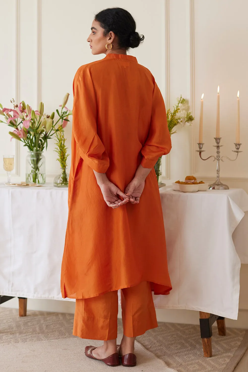 Habutai Silk Embellished Burnt Orange Kurta Set