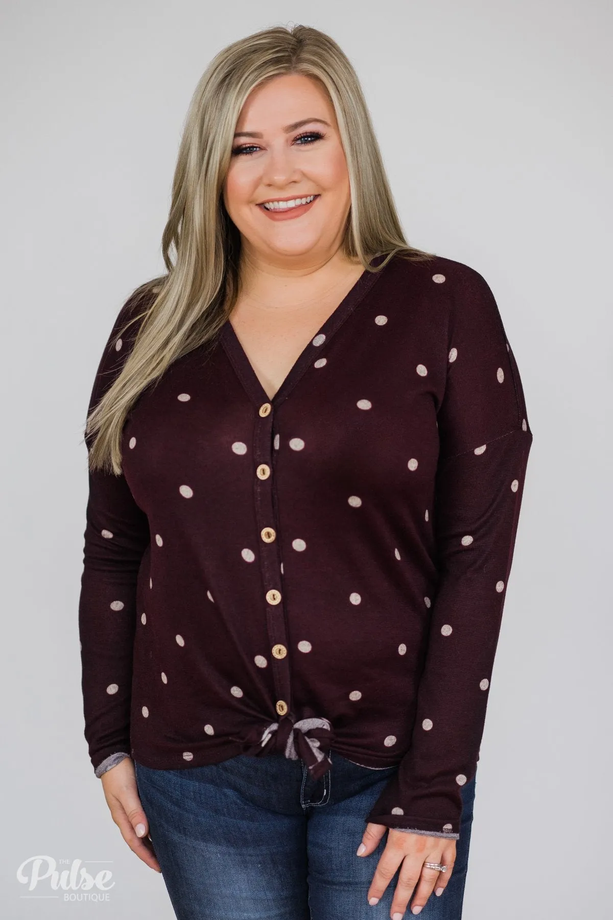 Happy Ending Polka Dot Knot Top- Eggplant