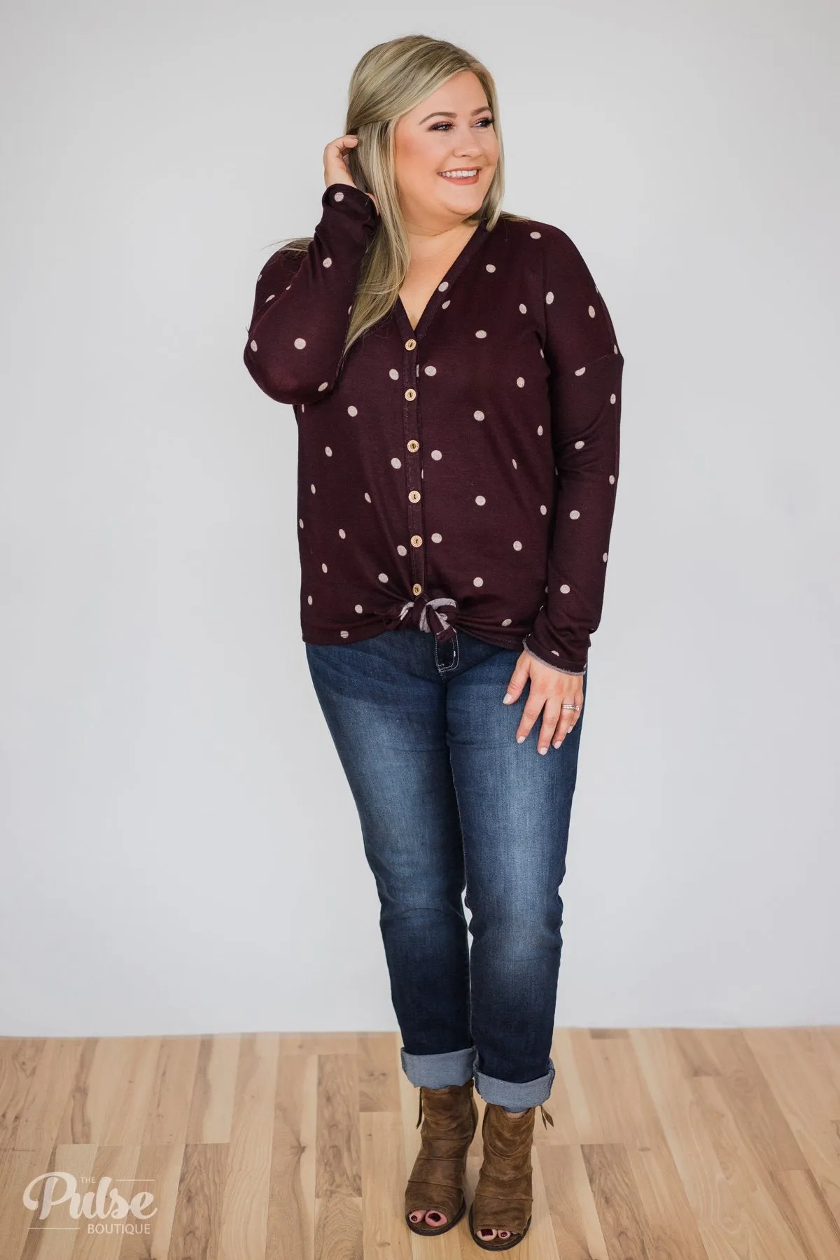 Happy Ending Polka Dot Knot Top- Eggplant