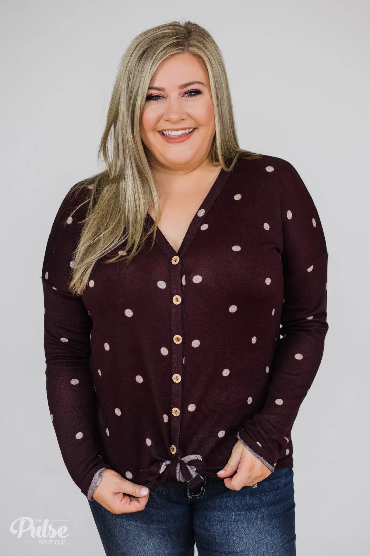 Happy Ending Polka Dot Knot Top- Eggplant