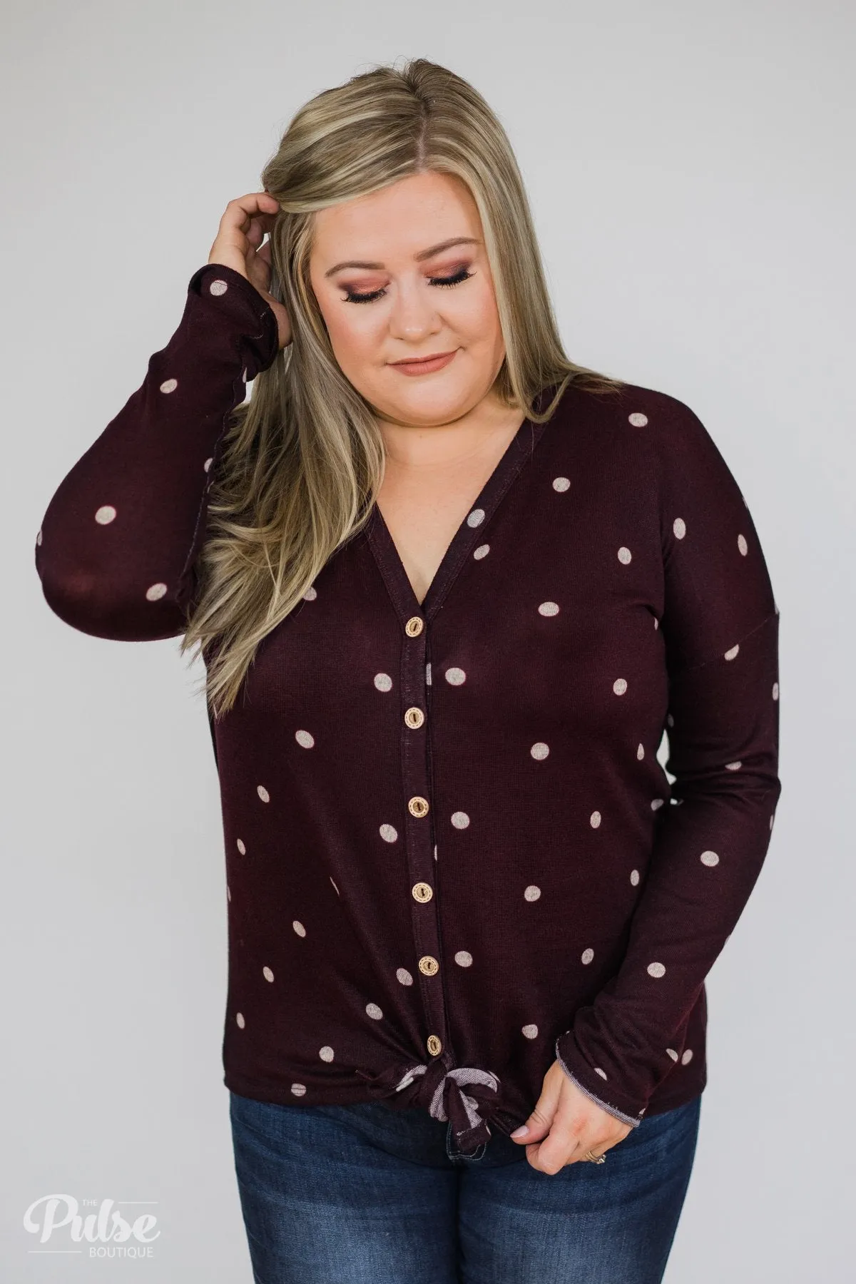 Happy Ending Polka Dot Knot Top- Eggplant