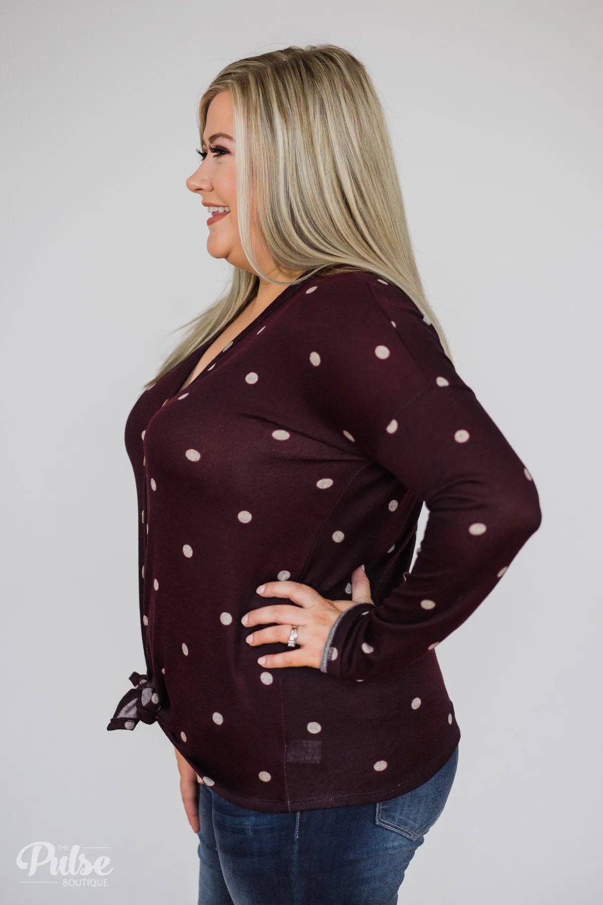 Happy Ending Polka Dot Knot Top- Eggplant
