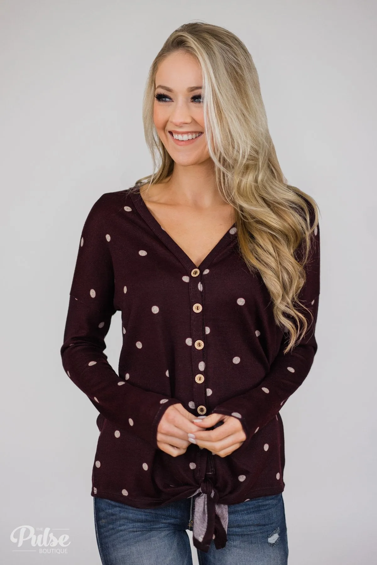 Happy Ending Polka Dot Knot Top- Eggplant