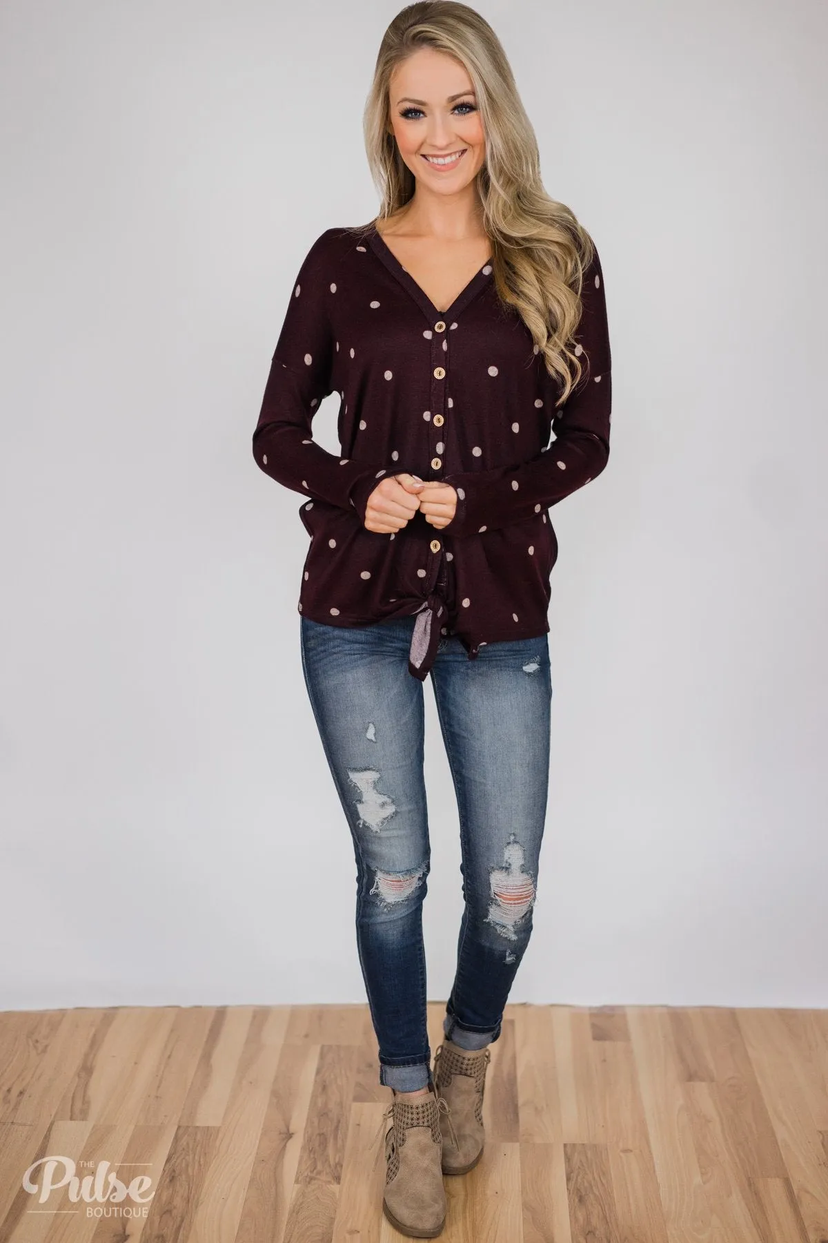 Happy Ending Polka Dot Knot Top- Eggplant