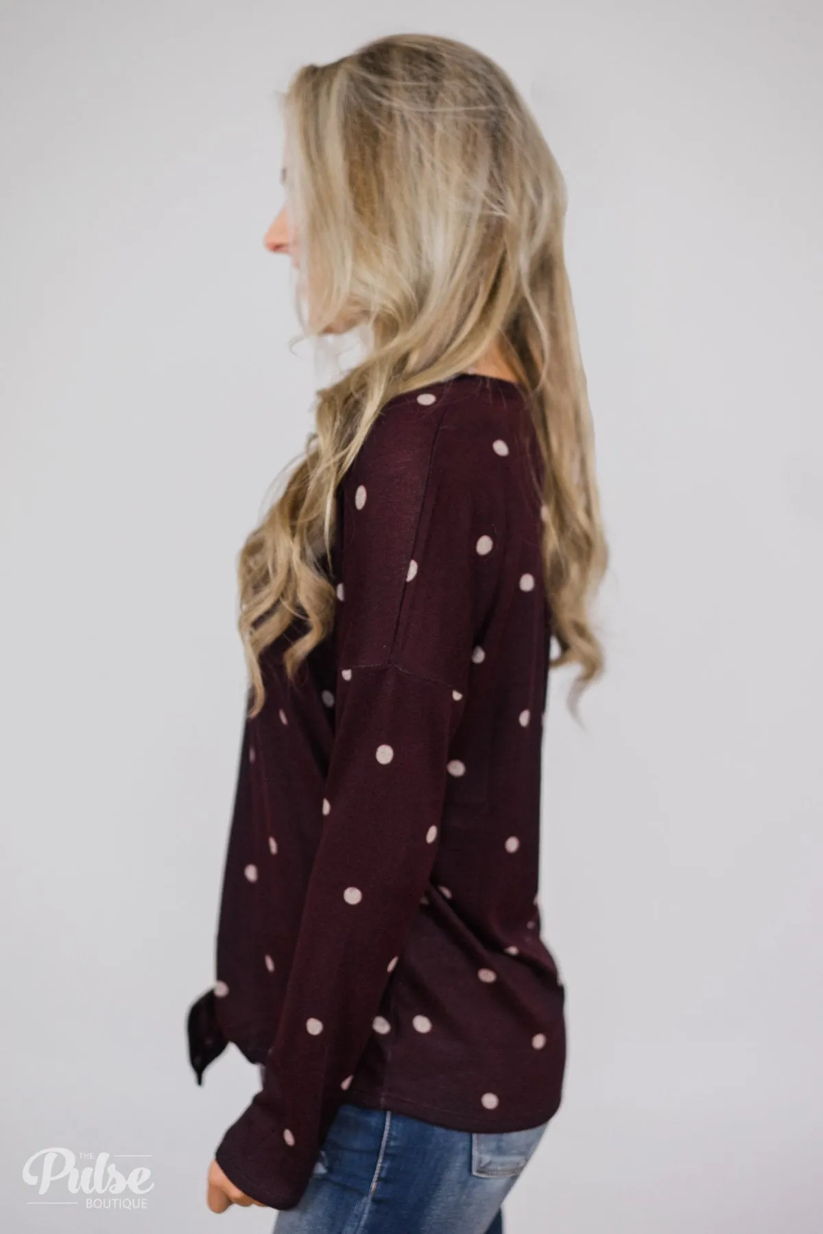 Happy Ending Polka Dot Knot Top- Eggplant