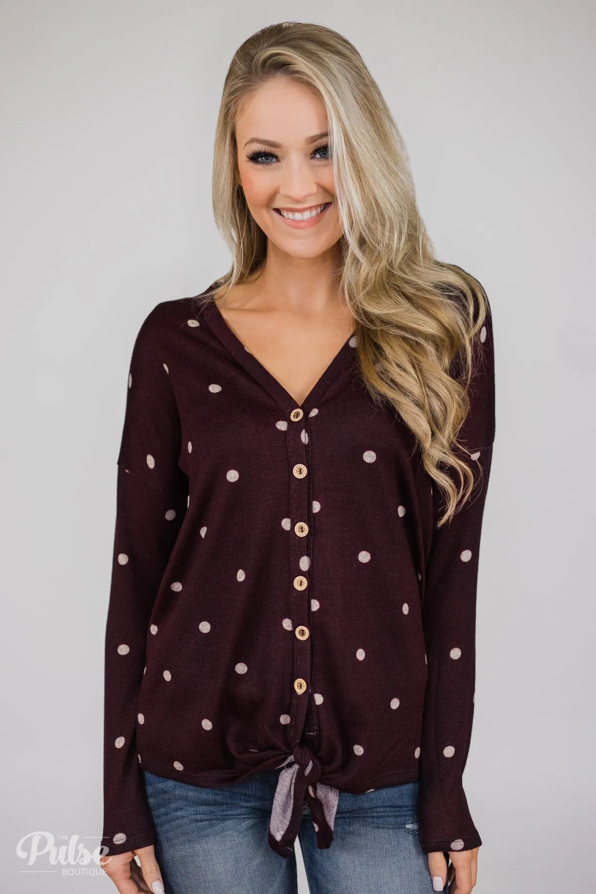 Happy Ending Polka Dot Knot Top- Eggplant