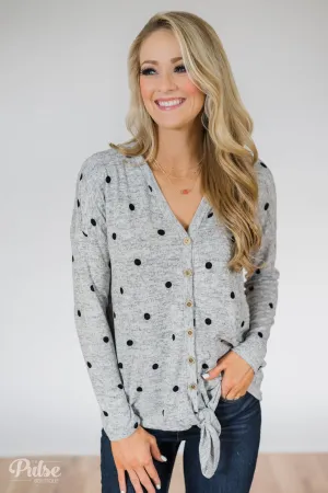 Happy Ending Polka Dot Knot Top- Heather Grey