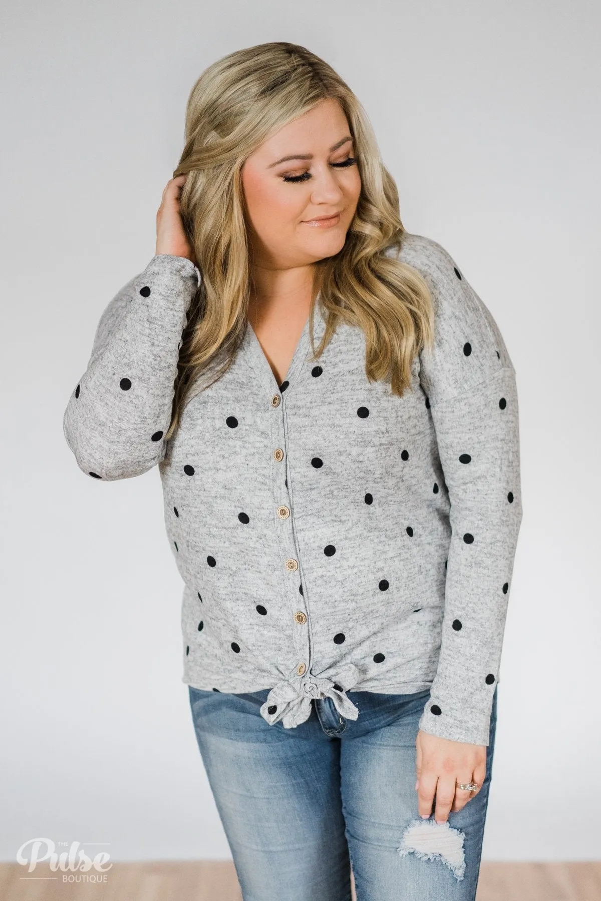 Happy Ending Polka Dot Knot Top- Heather Grey