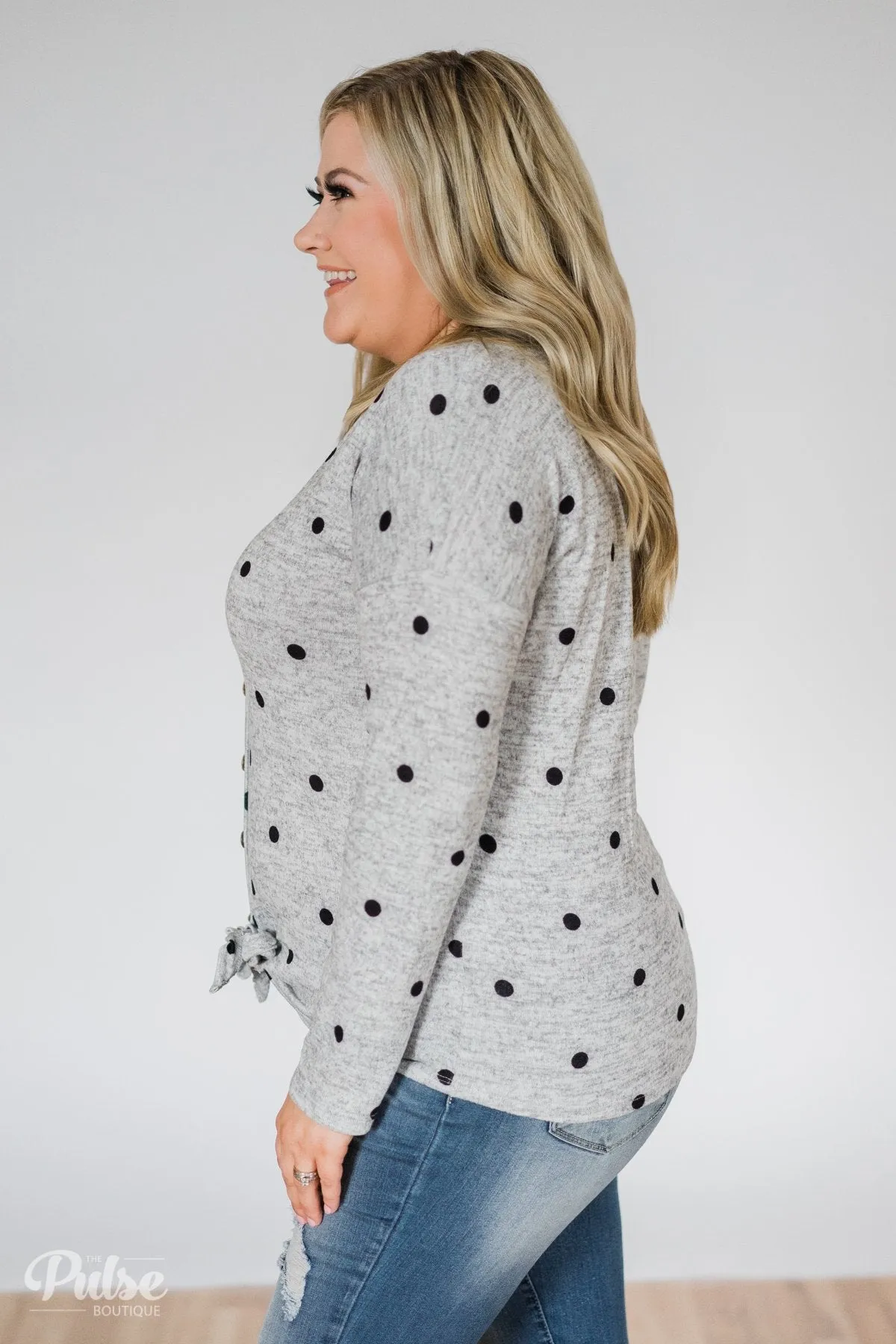 Happy Ending Polka Dot Knot Top- Heather Grey