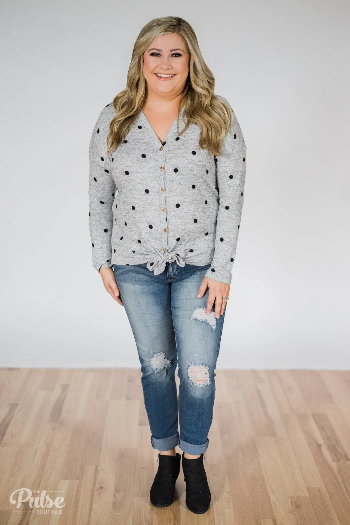 Happy Ending Polka Dot Knot Top- Heather Grey
