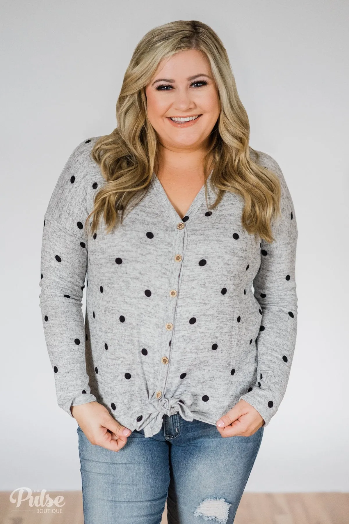 Happy Ending Polka Dot Knot Top- Heather Grey