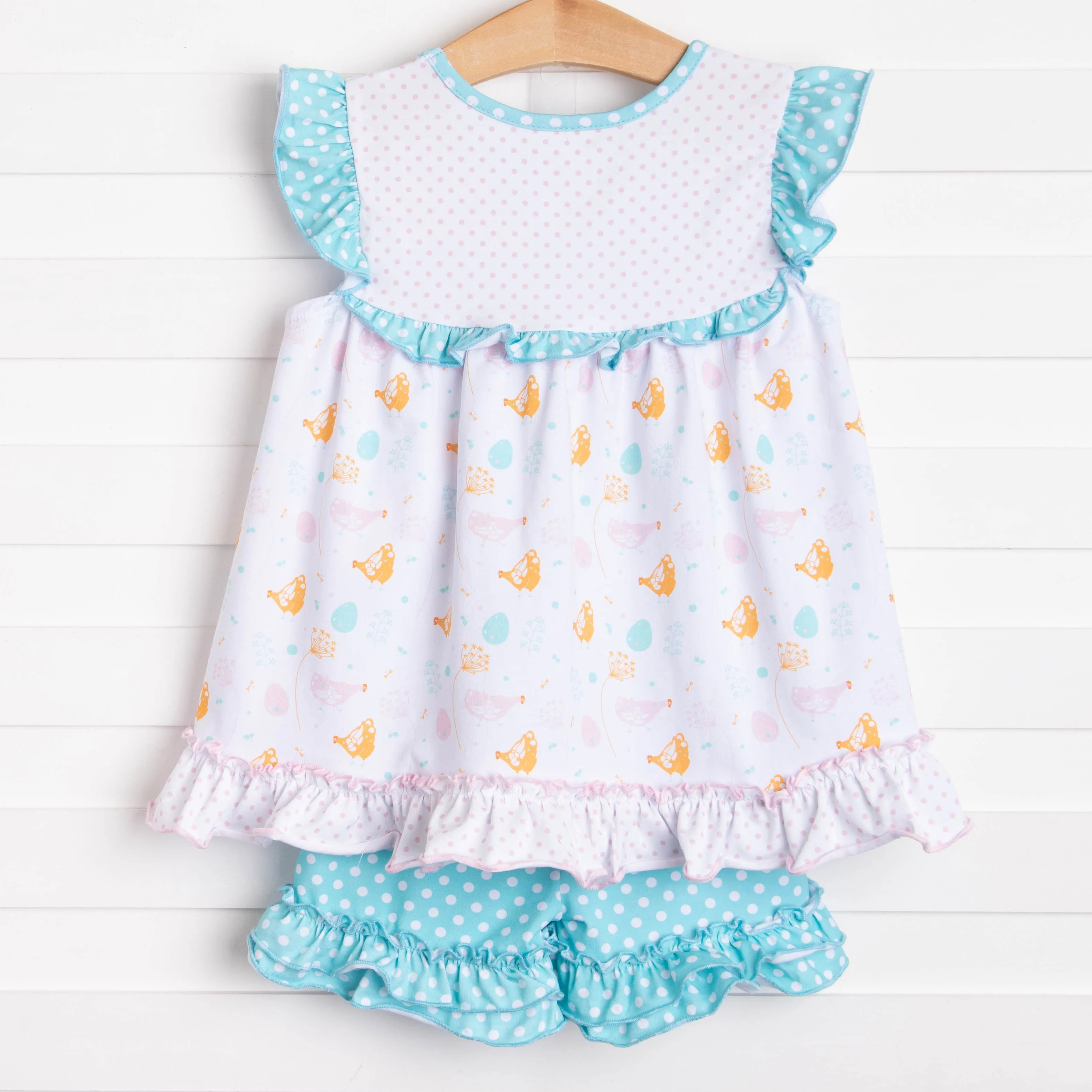 Happy Hens Ruffle Short Set, Aqua