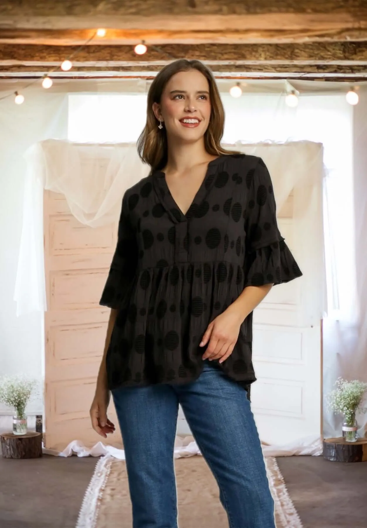 Hello, Dotty! Polka Dot Babydoll Top in Black