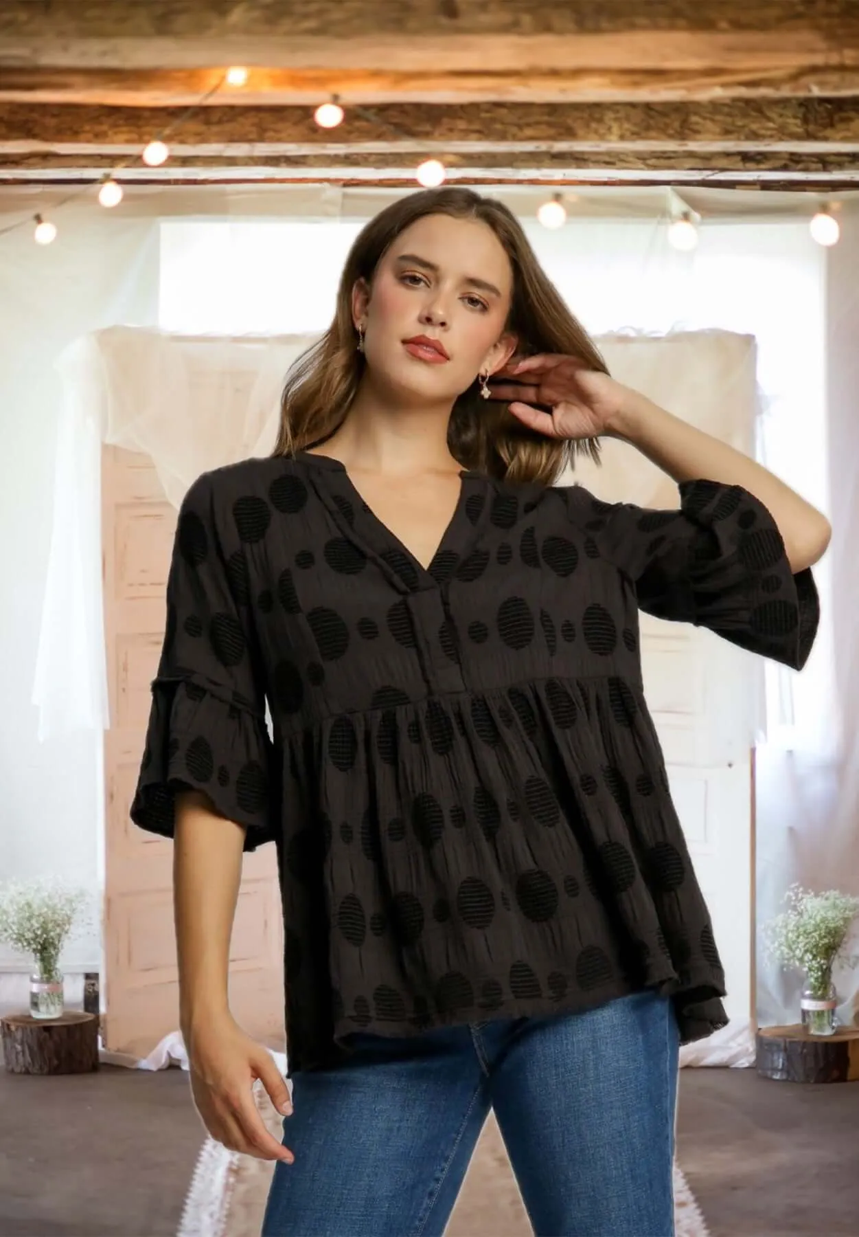 Hello, Dotty! Polka Dot Babydoll Top in Black