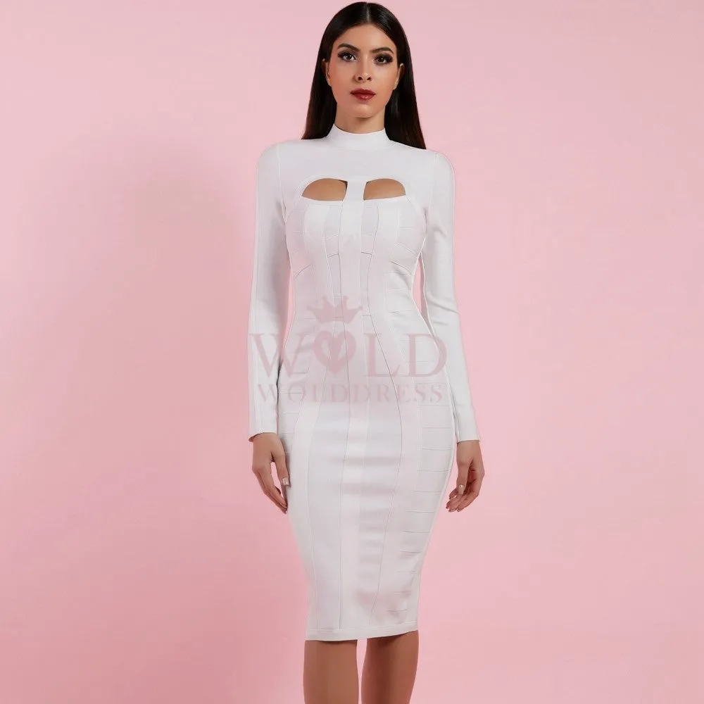 High Neck Long Sleeve Cut Out Over Knee Bandage Dress PP1103