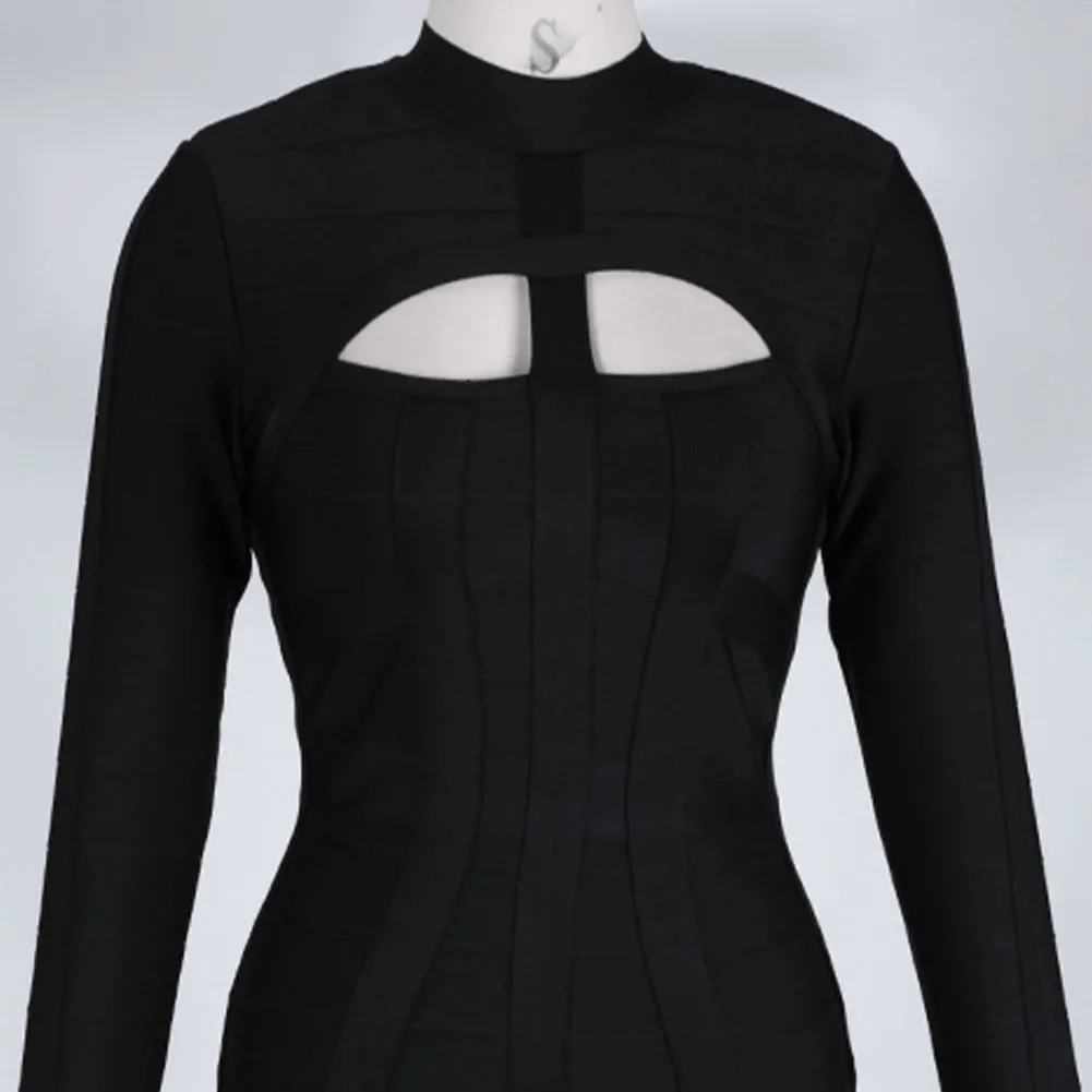 High Neck Long Sleeve Cut Out Over Knee Bandage Dress PP1103