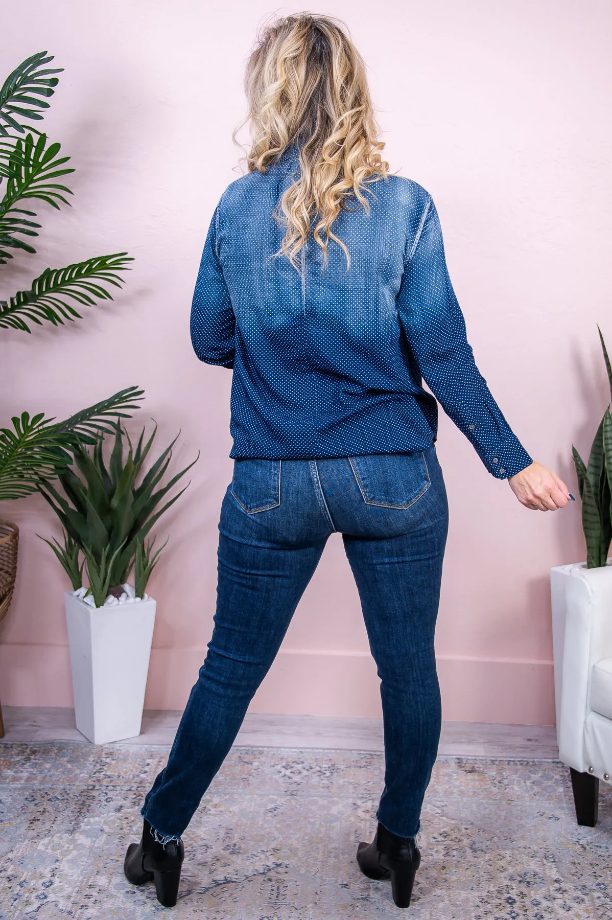 Hopeful Mindset Denim Blue/Navy Polka Dot Top - T8404DBL