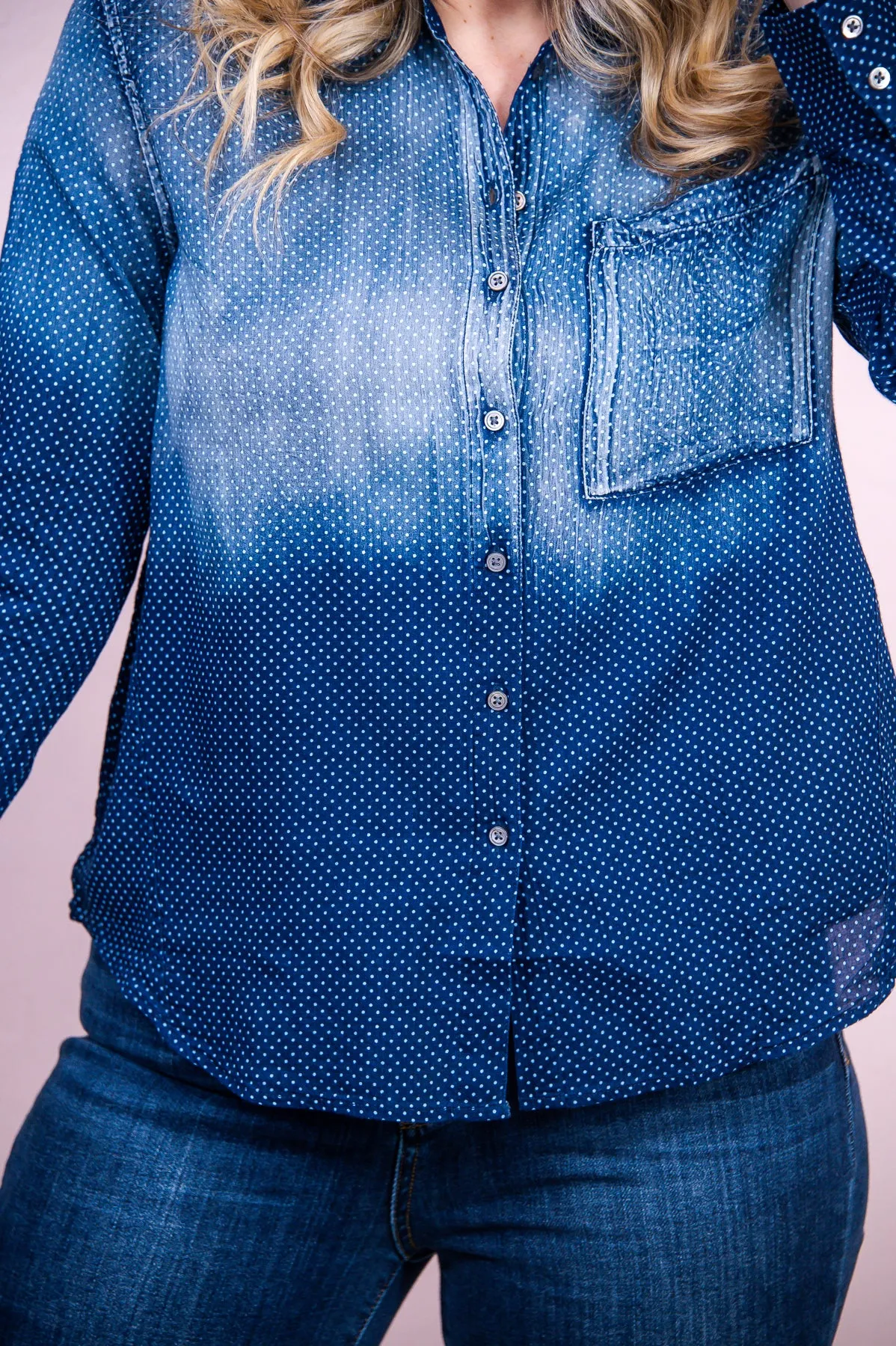 Hopeful Mindset Denim Blue/Navy Polka Dot Top - T8404DBL