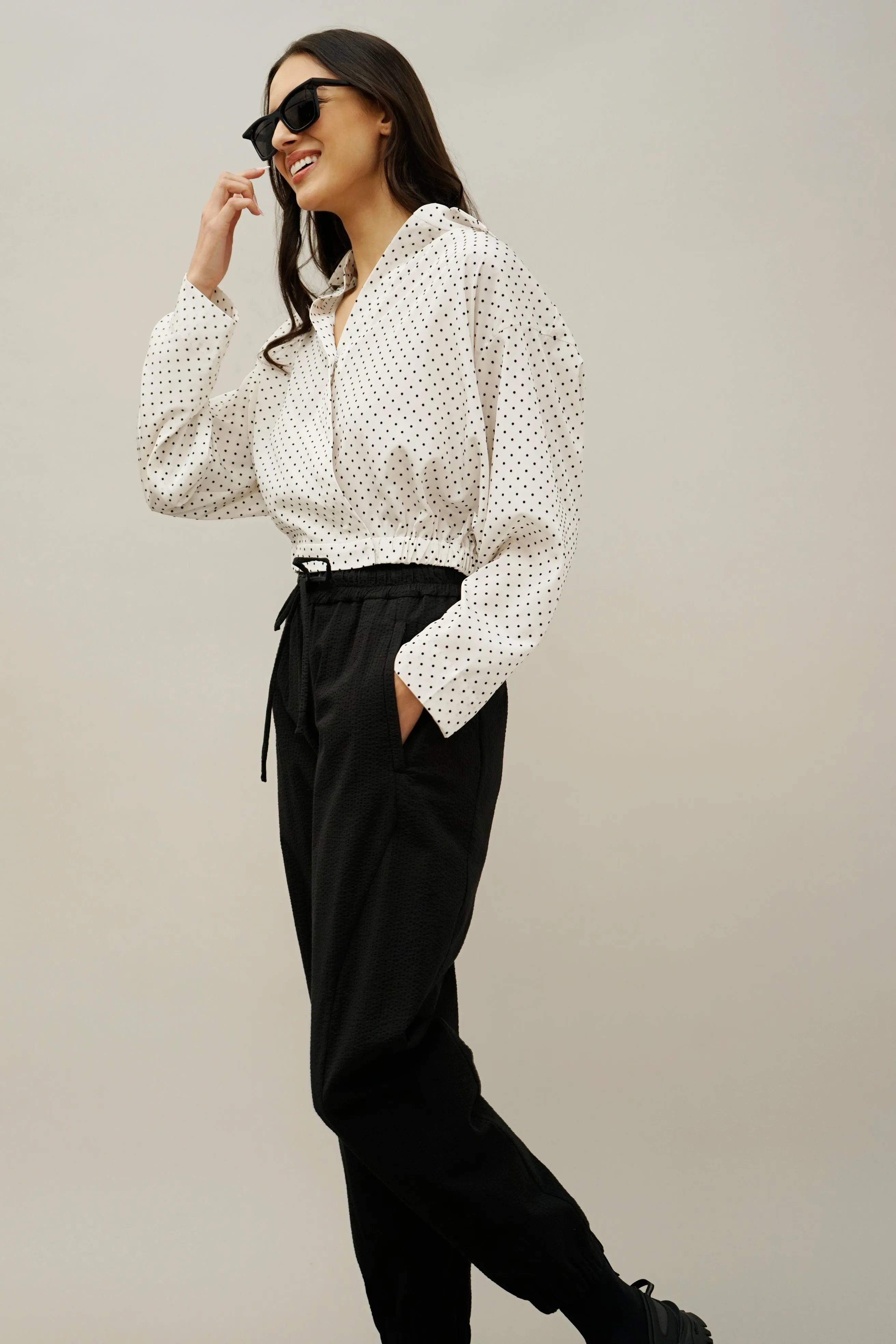 Idle Polka Dot Wrap Blouse – Versatile V-Neck Long Sleeve Top