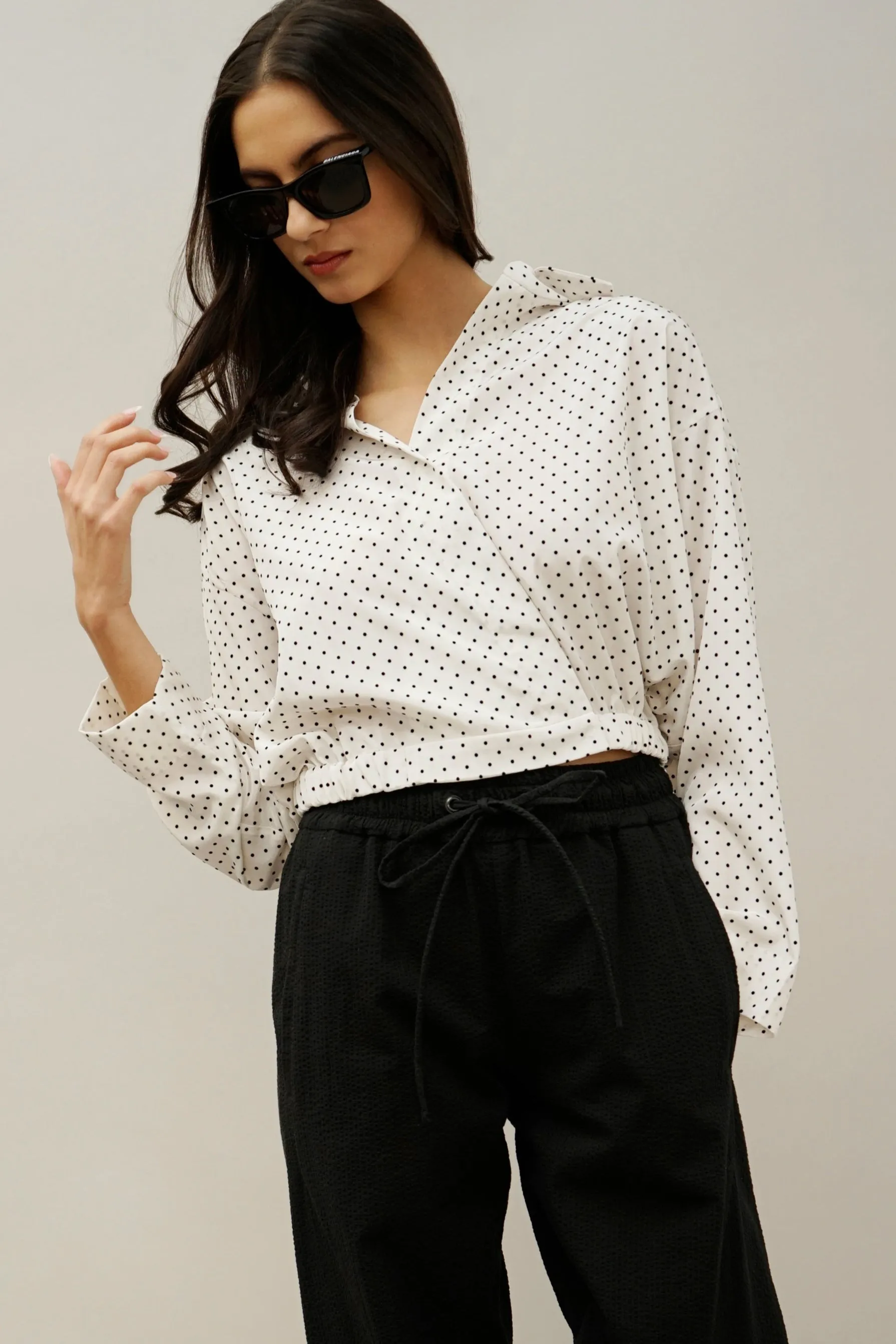 Idle Polka Dot Wrap Blouse – Versatile V-Neck Long Sleeve Top