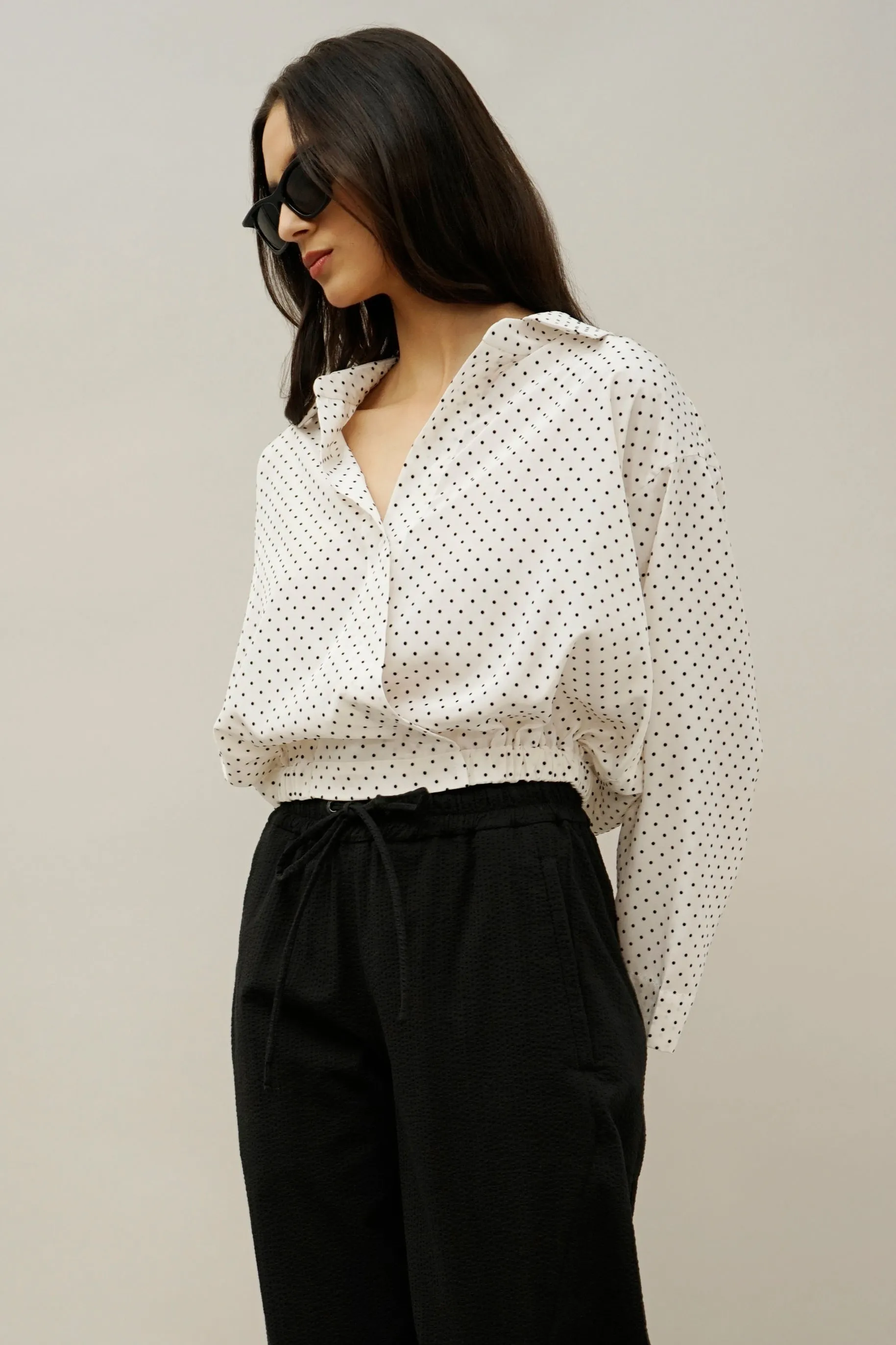 Idle Polka Dot Wrap Blouse – Versatile V-Neck Long Sleeve Top