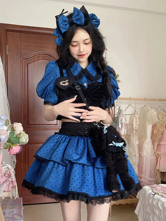 Idol clothes Lolita Outfits Blue Ruffles Polka Dot Short Sleeves Top Skirt Adjustable Elastic