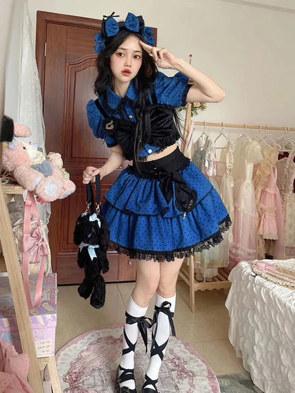Idol clothes Lolita Outfits Blue Ruffles Polka Dot Short Sleeves Top Skirt Adjustable Elastic