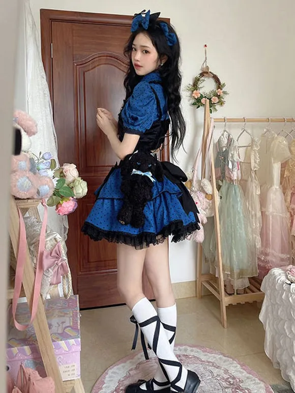 Idol clothes Lolita Outfits Blue Ruffles Polka Dot Short Sleeves Top Skirt Adjustable Elastic