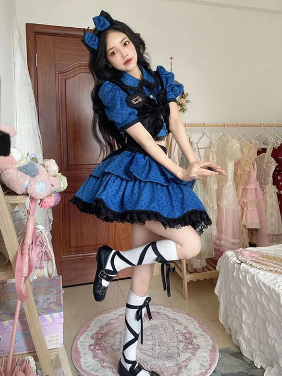 Idol clothes Lolita Outfits Blue Ruffles Polka Dot Short Sleeves Top Skirt Adjustable Elastic