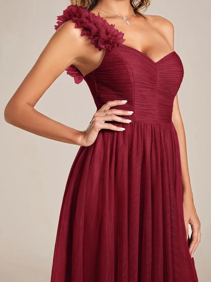 Janey burgundy tulle one shoulder dress with split s6 Express NZ wide