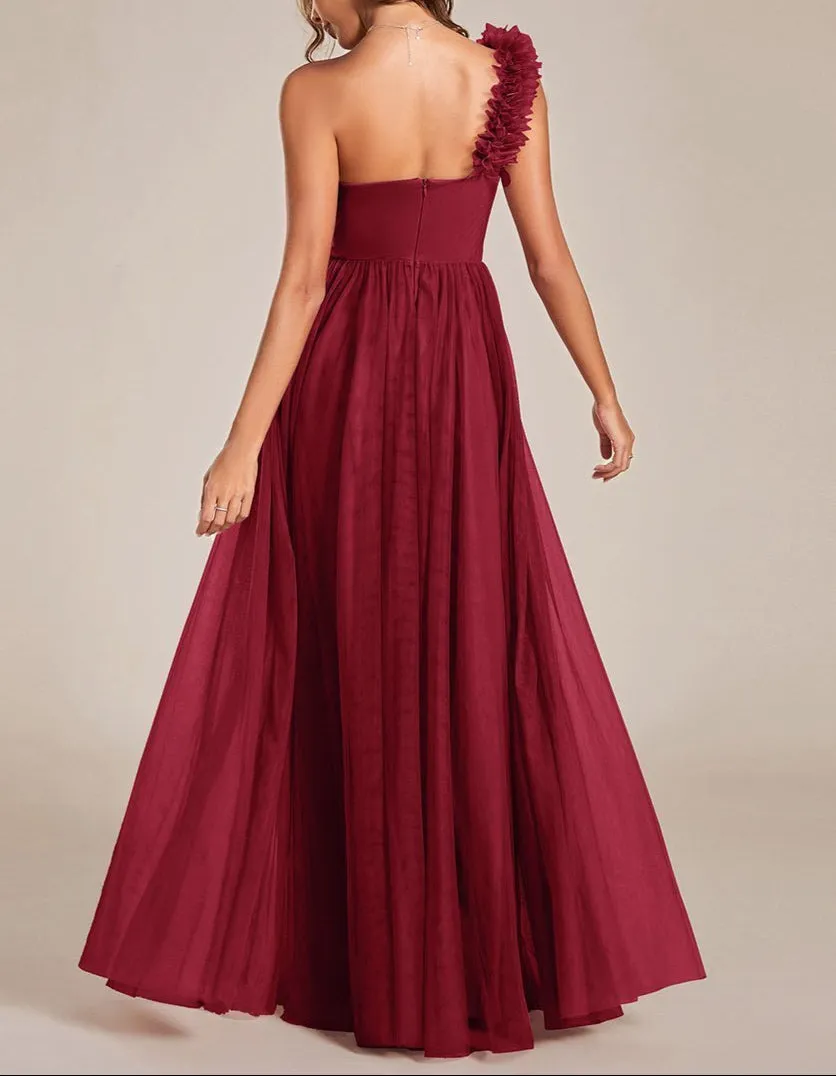 Janey burgundy tulle one shoulder dress with split s6 Express NZ wide