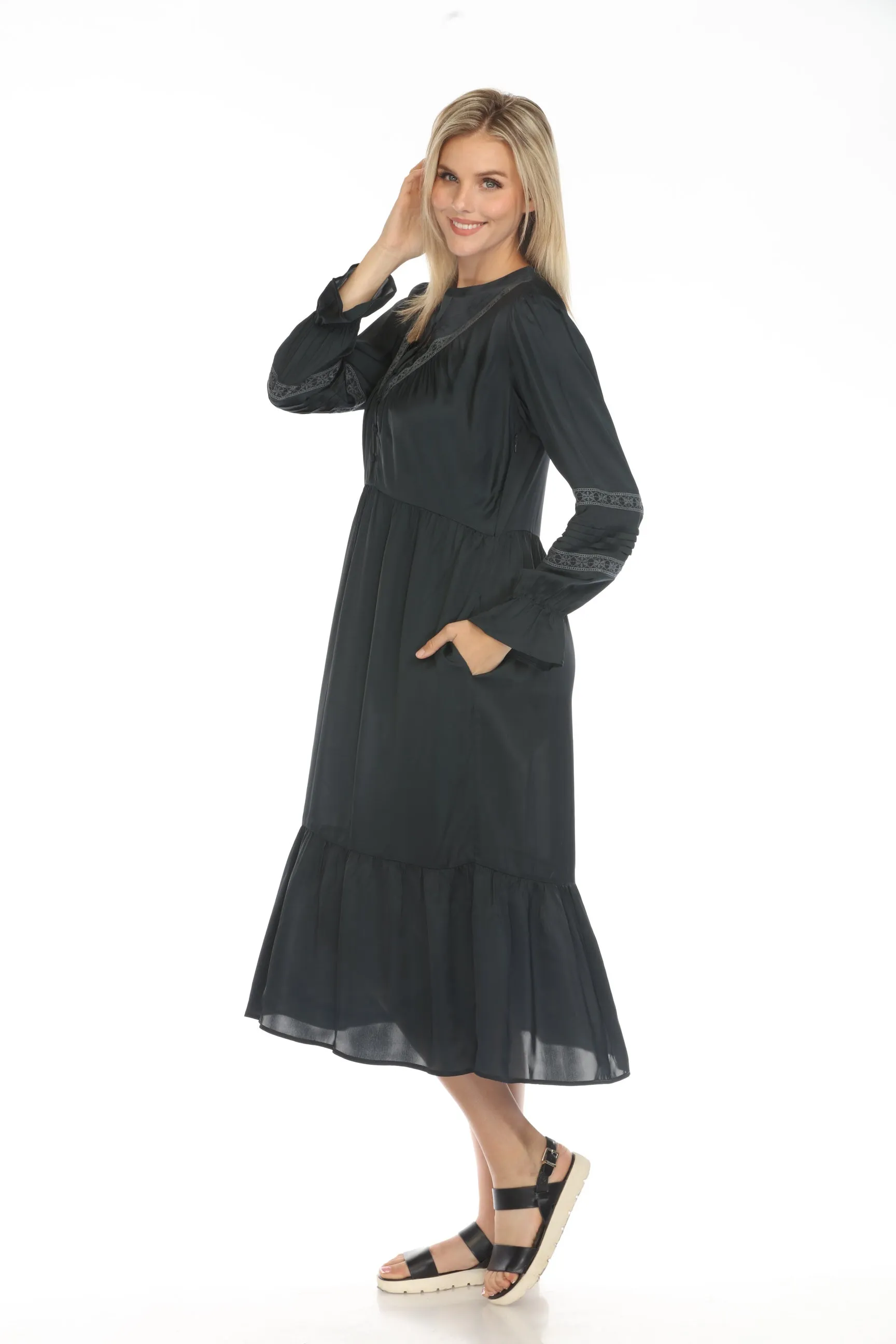 Johnny Was Calme Pleated Henley Midi Dress O31123