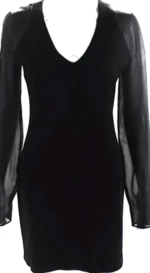 Joseph London Black Wool Blend V Neck Sheer Long Sleeve Leather Accent Pencil Dress