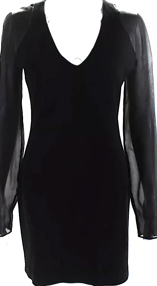 Joseph London Black Wool Blend V Neck Sheer Long Sleeve Leather Accent Pencil Dress
