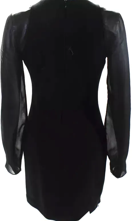 Joseph London Black Wool Blend V Neck Sheer Long Sleeve Leather Accent Pencil Dress