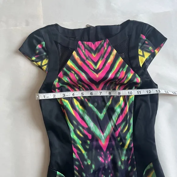 Karen Millen Multicolor Striped Neon Mesh Detail Cocktail Pencil Sheath Dress 2