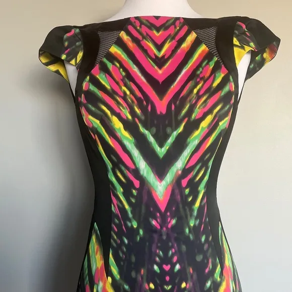 Karen Millen Multicolor Striped Neon Mesh Detail Cocktail Pencil Sheath Dress 2