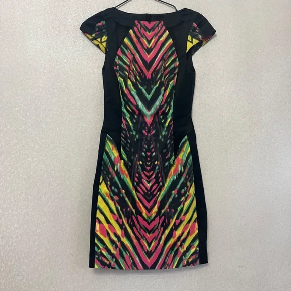 Karen Millen Multicolor Striped Neon Mesh Detail Cocktail Pencil Sheath Dress 2