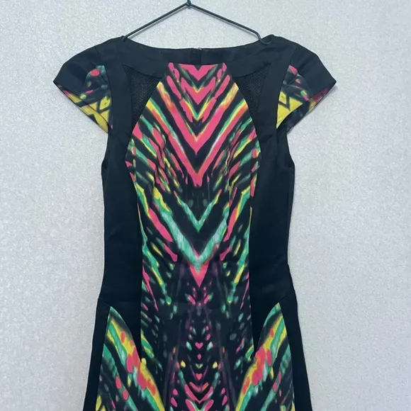 Karen Millen Multicolor Striped Neon Mesh Detail Cocktail Pencil Sheath Dress 2