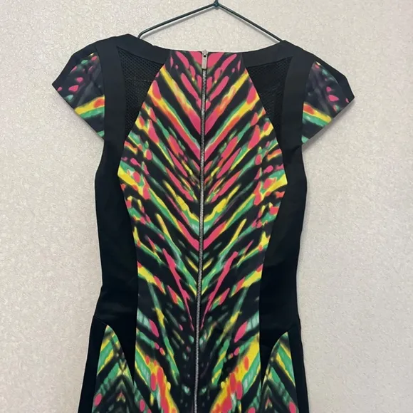 Karen Millen Multicolor Striped Neon Mesh Detail Cocktail Pencil Sheath Dress 2