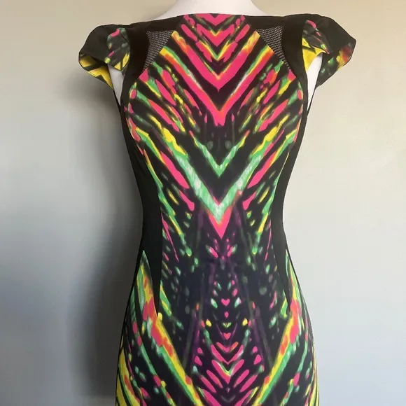 Karen Millen Multicolor Striped Neon Mesh Detail Cocktail Pencil Sheath Dress 2